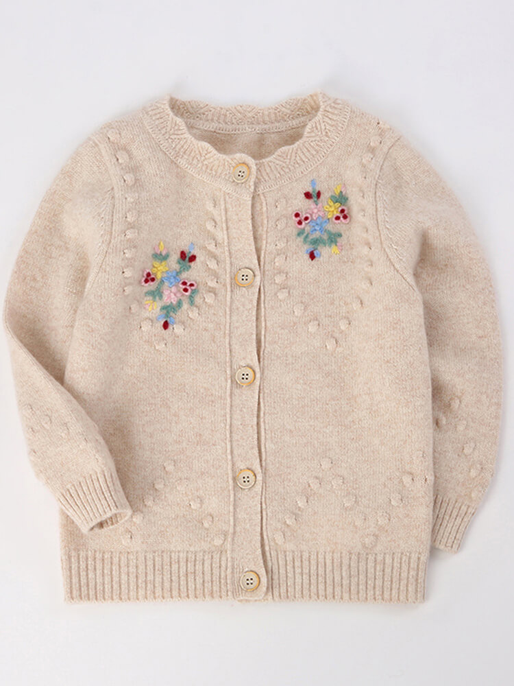 Girls Embroidered Floral Beige Cashmere Button-Front Cardigan